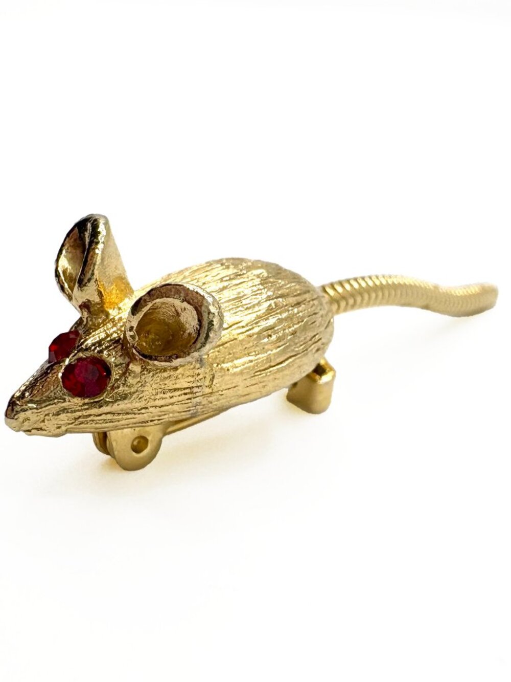 Vintage Mouse Brooch with Red Rhinestone Eyes and Articulated Tail